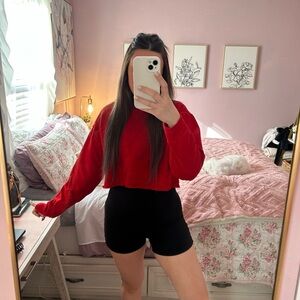 Amazon Red Cropped Sweatshirt with Black Shorts